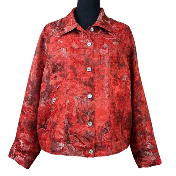 Chico's Red Metallic Silk Blend Button-Up Jacket Plus Size XL 16 - Picture 1 of 10